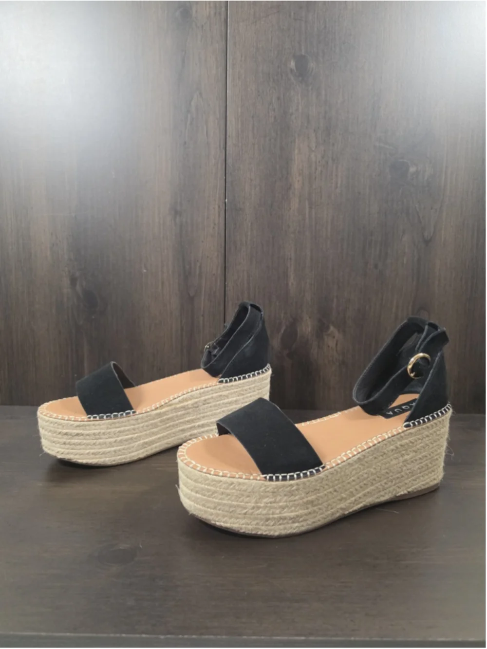 Aqua Ria SUEDE LEATHER Macrame Chunky Espadrille Platform Sandal BLACK 9.5 M